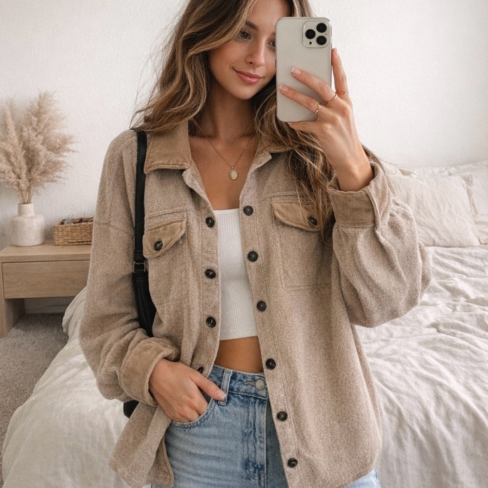 PacSun Tan Teddy Jacket shacket button up top size m/l